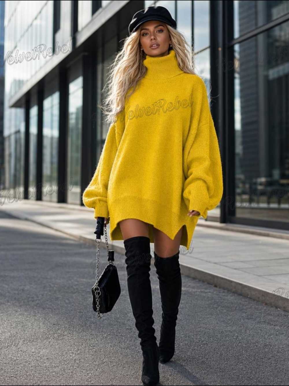 NWT Yellow Y2k Casual Oversized Turtleneck Long Sleeve Mini Sweater Dress Sz S